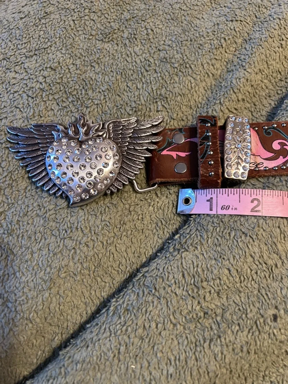 Girls' Brown Leather Belt with Pink Floral Accent and Heart Wing Buckle